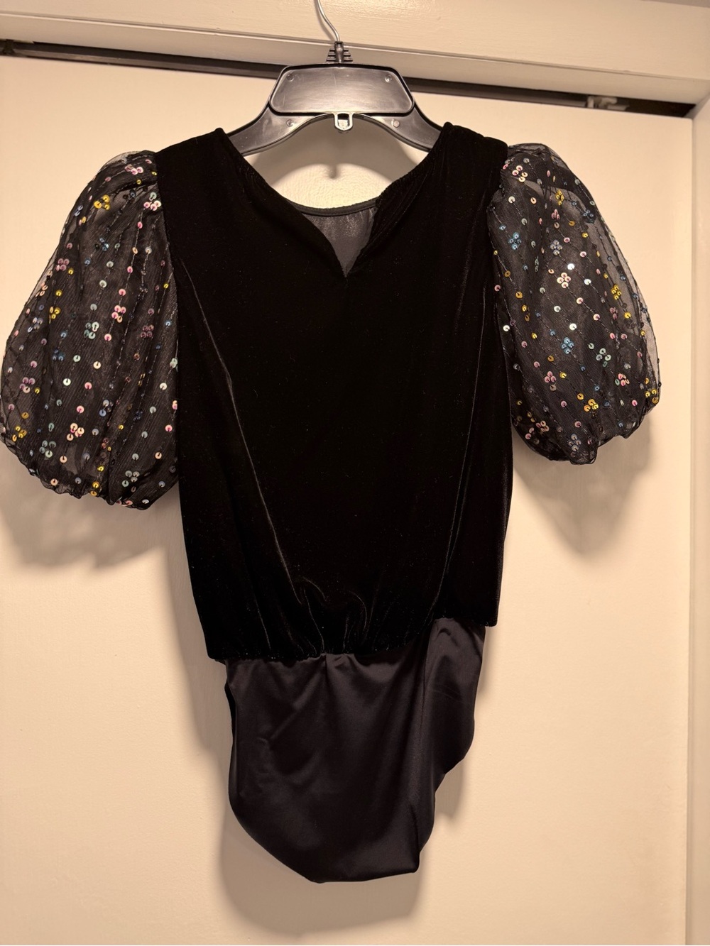 Zara Black Velvet Bodysuit with Multicolor Sequin Puff Sleeves